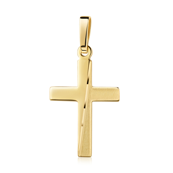 Anhänger Kreuz Gold 585 - Hochglanz, Teilmatt und Diamantiert - 15mm