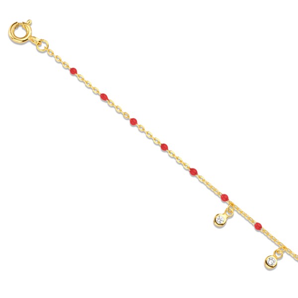 Armband Silber 925 vergoldet - 3 Zirkonia und Emaille-Perlen Rot