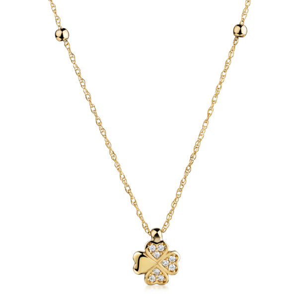 Collier 2 Kugeln und Kleeblatt-Anhänger 9 Zirkonia Gold 333 - Doppel-Ankerkette 45cm