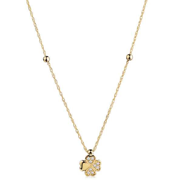 Collier 2 Kugeln und Kleeblatt-Anhänger 9 Zirkonia Gold 333 - Doppel-Ankerkette 45cm - Bild 2