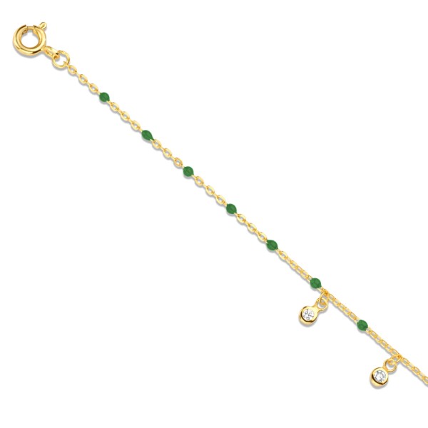 Armband Silber 925 vergoldet - 3 Zirkonia und Emaille-Perlen Grün