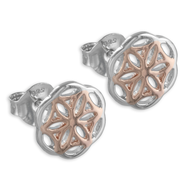 Ohrstecker Lebensblume Silber 925 Bicolor - Rhodiniert und Roségold teilvergoldet