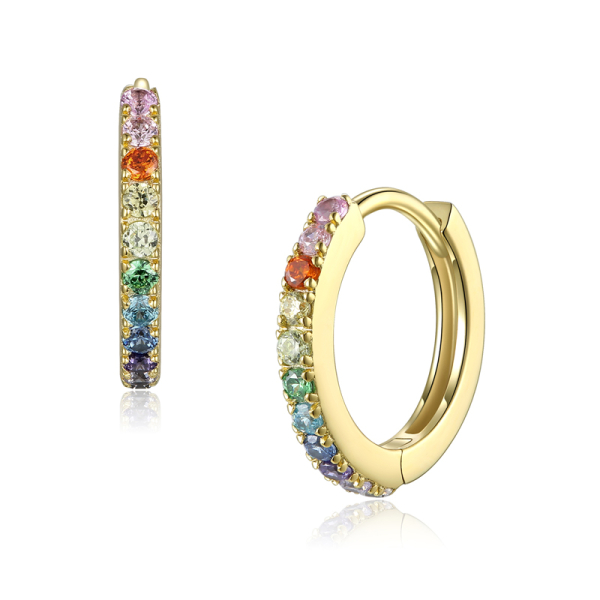 Klappcreolen mit 22 Zirkonia Rainbow Colour Silber 925 vergoldet - 13mm x 1,6mm