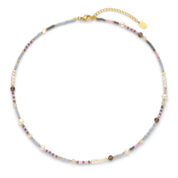 Lovebird Collier Glasbeads rosa/grau Edelstahl IPG - Süßwasser-Zuchtperle