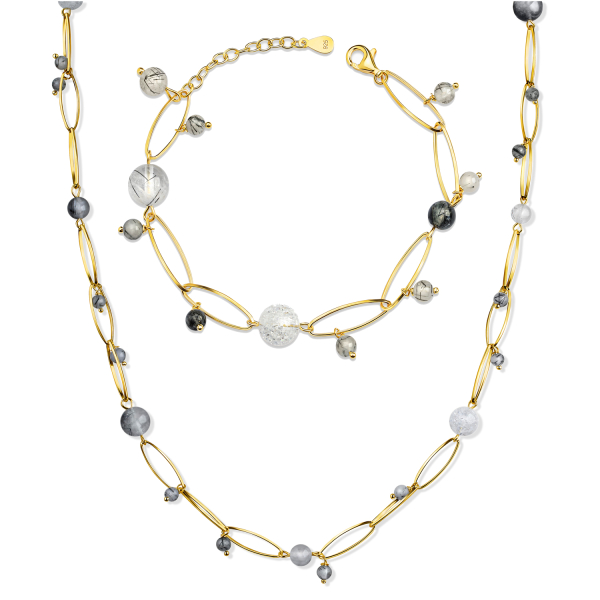 Collier mit Eiskristall und Turmalinquarz Silber 925 vergoldet - 55+3cm