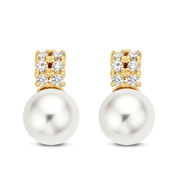 Ohrstecker Süßwasser-Zuchtperle Gold 585 - 12 Zirkonia - 9mm hoch