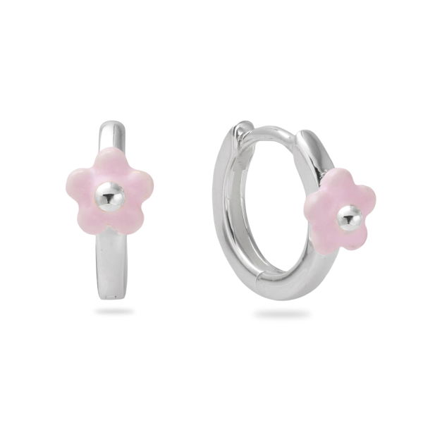 Klappcreolen Silber 925 rhodiniert - Blume mit Lack in Rosa