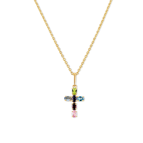 Collier Kreuz Gold 585 - 6 bunte Zirkonia