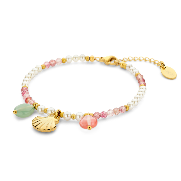 Lovebird Armband Rhodochrosit und Perlmutt Edelstahl - Goldfarbene IP-Beschichtung