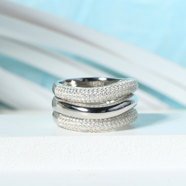 3er Damenring Set Silber 925 rhodiniert - 308 Zirkonia - Geschwungen - Bild 2