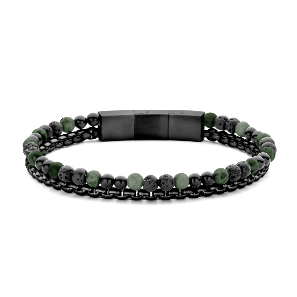 Frank 1967 Armband 2-reihig Edelstahl IPB - Lavastein, schwarzer Achat und grüner Achat - 8mm