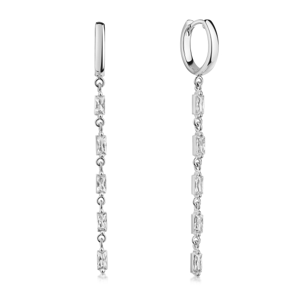 Klappcreolen mit Behang Silber 925 rhodiniert - 10 Zirkonia - Baguette-Schliff