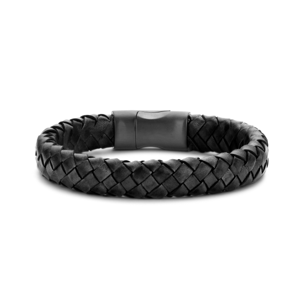 Frank 1967 Armband Echtleder Schwarz Geflochten Edelstahl IPB - 12mm breit