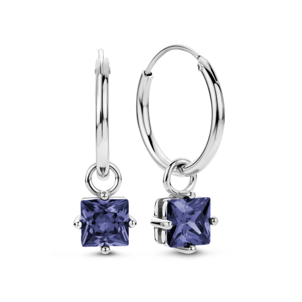 Creolen 15mm mit Zirkonia-Anhänger Tansanitfarben Silber 925 rhodiniert - 6x6mm