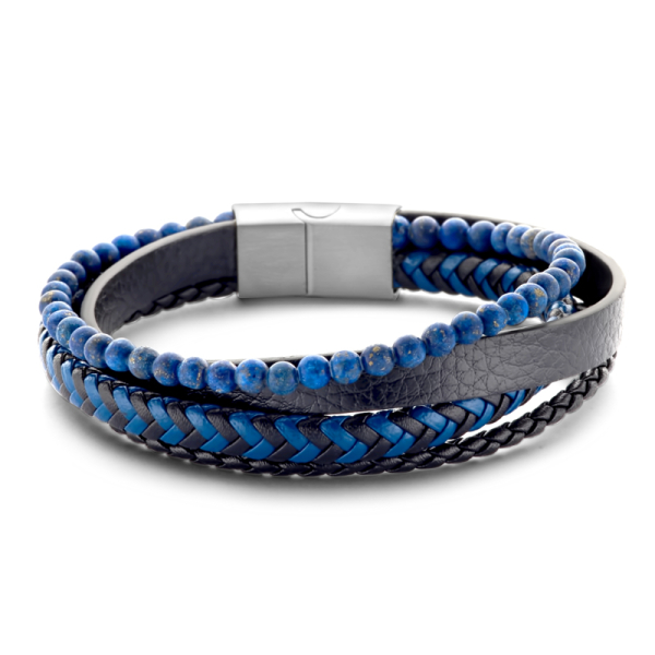 Frank 1967 Armband Echtleder Schwarz und Blau 4-reihig Edelstahl - Lapis