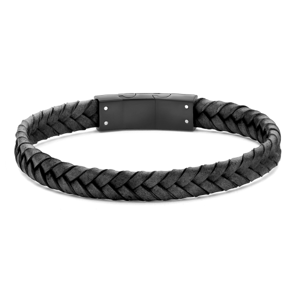 Frank 1967 Armband Echtleder Schwarz Geflochten Edelstahl IPB - 8,5mm