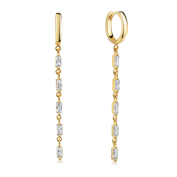Klappcreolen mit Behang Silber 925 vergoldet - 10 Zirkonia - Baguette-Schliff