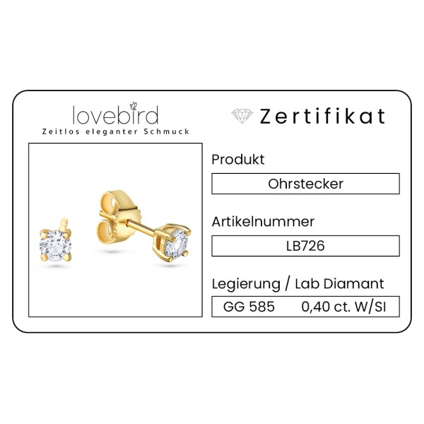 Lovebird Ohrstecker Gelbgold 585 - Lab Grown Brillanten 0,40 ct - 4 Stotzen Fassung - Bild 2