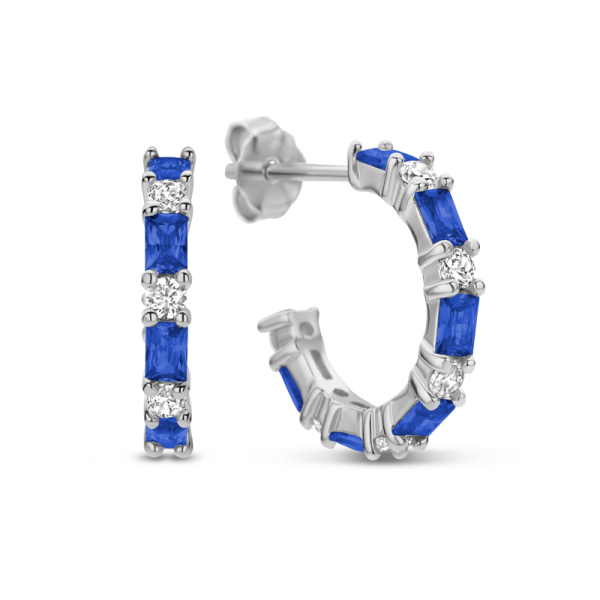 Ohrstecker Creolen mit 24 Zirkonia Silber 925 rhodiniert - Ø 14mm - Saphirblau