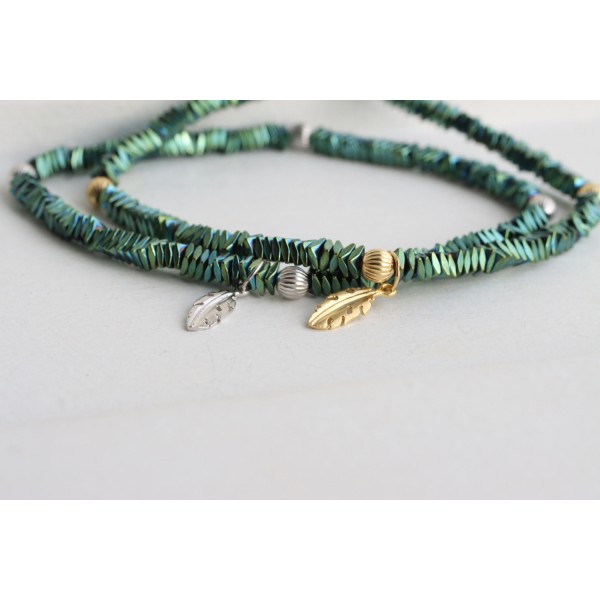 Armband Hämatit Silber 925 vergoldet - 4 Kugeln und Feder - Bild 2