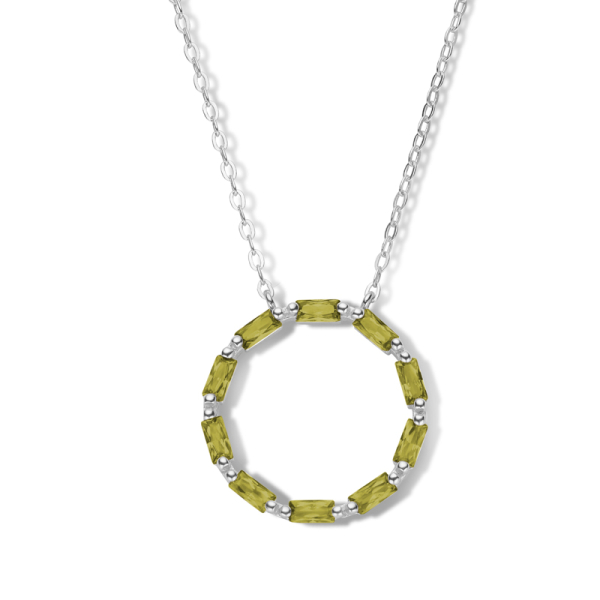 Collier Kreis Silber 925 rhodiniert - 10 olivgrüne Zirkonia im Baguetteschliff
