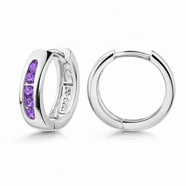 Klappcreolen Silber 925 rhodiniert - Ø 13mm - 10 Zirkonia amethystfarben