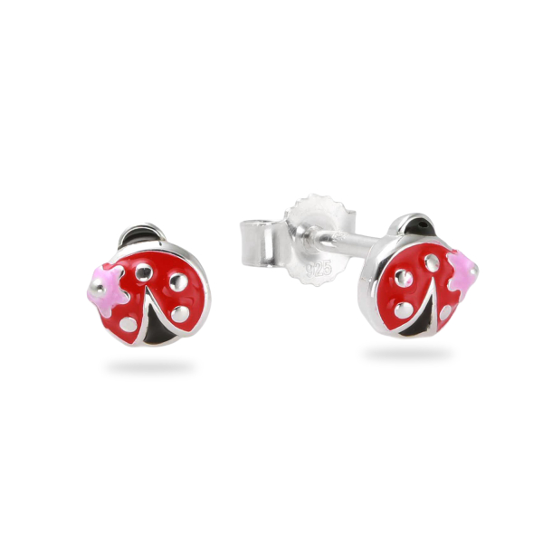 Ohrstecker Marienkäfer mit Blume Silber 925 rhodiniert - Lack Rot, Schwarz und Rosa