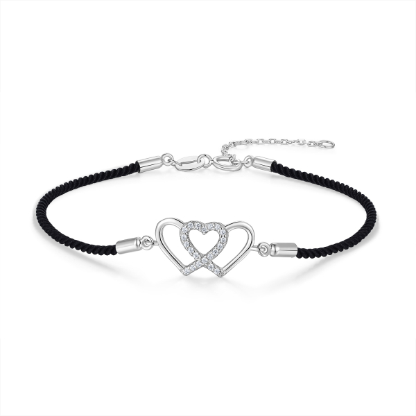 Textilarmband schwarz Silber 925 rhodiniert - Herzen - 21 Zirkonia
