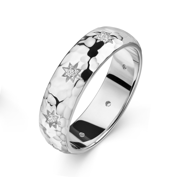 Ring Silber 925 rhodiniert - Hammerschlag - 8 Zirkonia