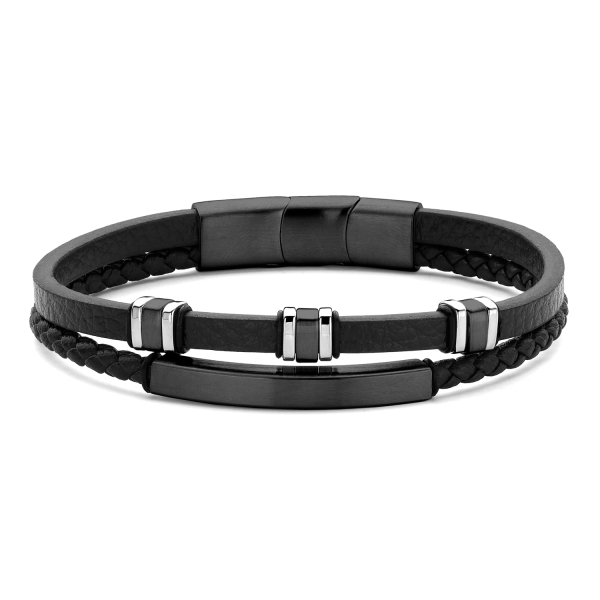 Frank 1967 Armband Echtleder Schwarz 2-reihig Edelstahl IPB mit Schild