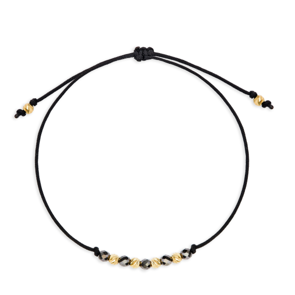 Textilarmband mit 6 Goldkugeln und 5 schwarzen Zirkonia Gold 333