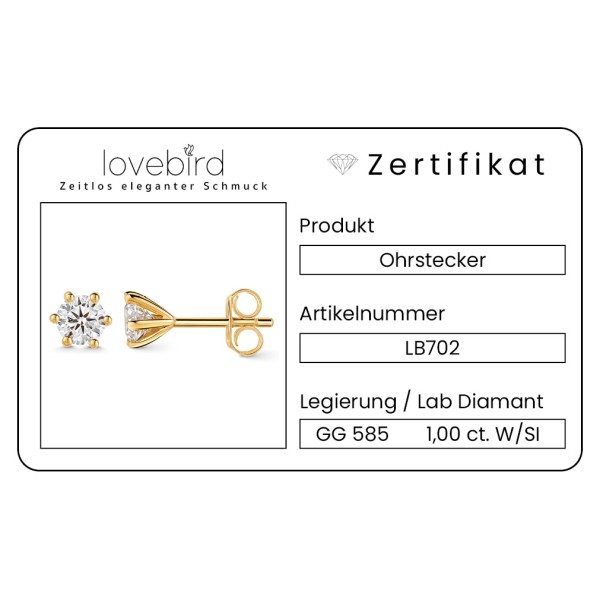 Lovebird Ohrstecker Gelbgold 585 - Lab Grown Brillanten 1,00 ct - 6 Stotzen Fassung - Bild 2