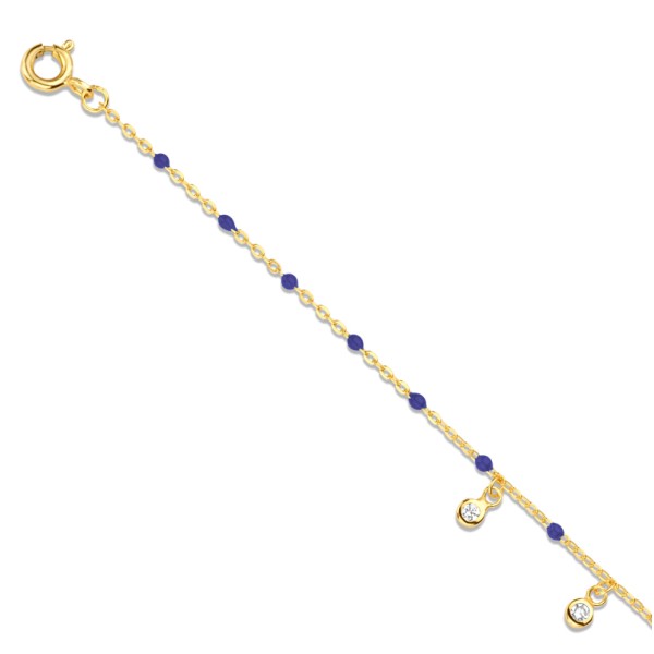 Armband Silber 925 vergoldet - 3 Zirkonia und Emaille-Perlen Blau