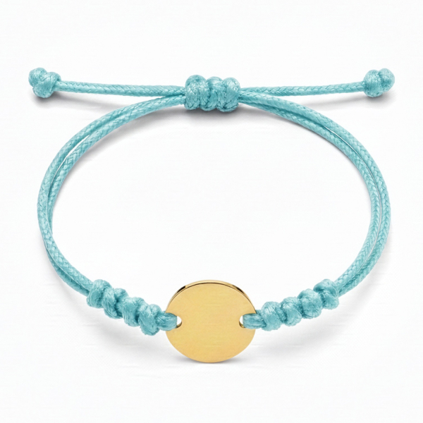 Textilarmband hellblau gewachst mit Gravurplatte Edelstahl IPG goldfarben - 16mm