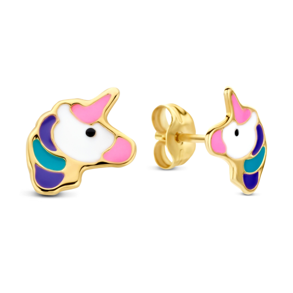 Ohrstecker Einhorn Gold 585 - Bunt lackiert - 8,60x7,20mm
