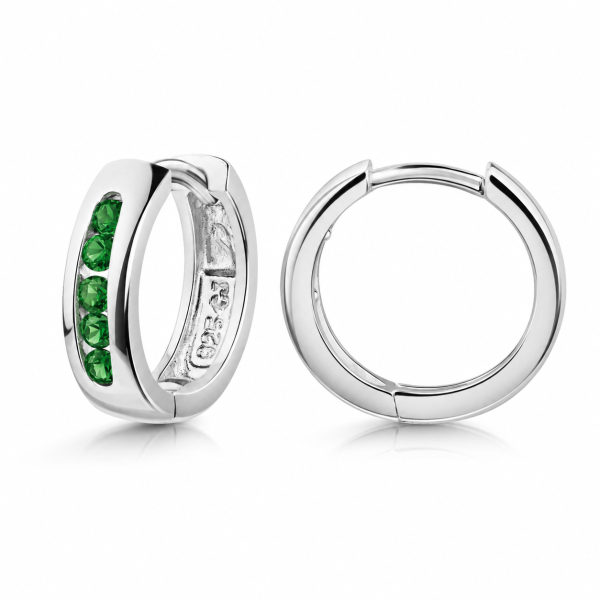 Klappcreolen Silber 925 rhodiniert - Ø 13mm - 10 Zirkonia grün
