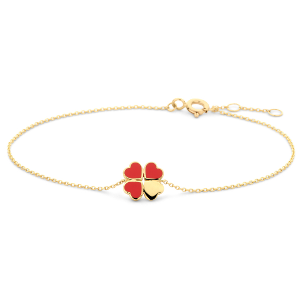 Armband Kleeblatt aus Herzen Gold 585 - Lack Rot - Ankerkette