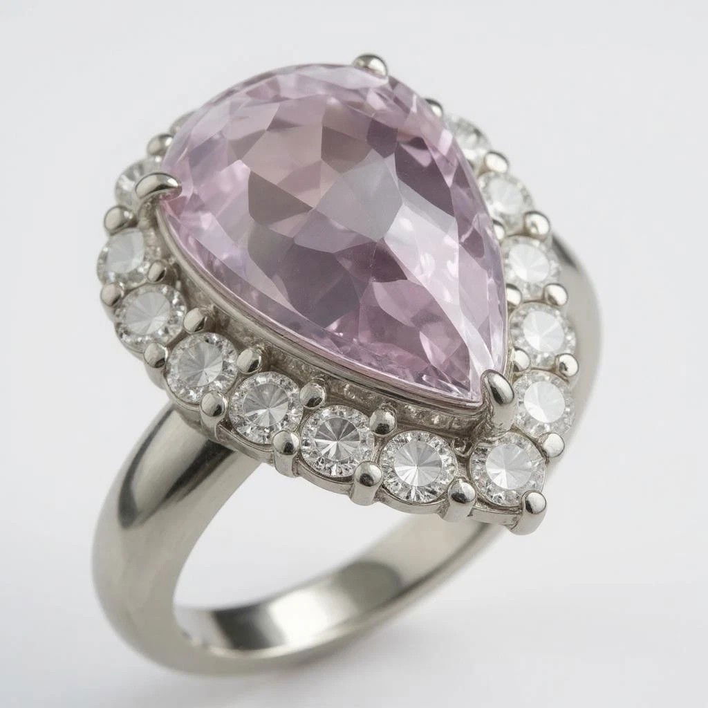 Cocktailring Platin 900 mit Kunzit 7,97ct und 16 Diamanten 1,28ct - Ringgröße 51