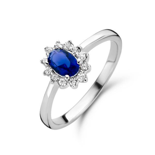 Damenring Silber 925 rhodiniert - 13 Zirkonia - Weiß und Blau