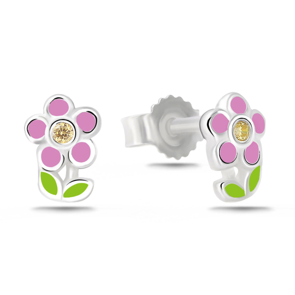 Ohrstecker Blume mit gelben Zirkonia und Lack Silber 925 rhodiniert