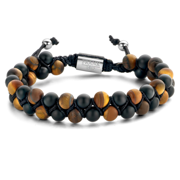 Frank 1967 Armband 2-reihig Edelstahl IPS - Tigerauge und schwarzer Achat 6mm - Textilband