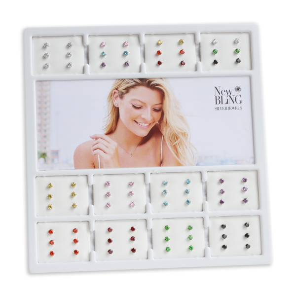 Display mit 36 Paar Ohrstecker Zirkonia Silber 925 rhodiniert - Bunte Farben