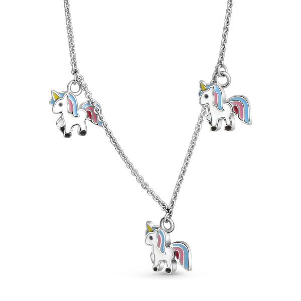 Collier Einhorn Lack Silber 925 rhodiniert - 3 Einhörner - Ankerkette 38cm