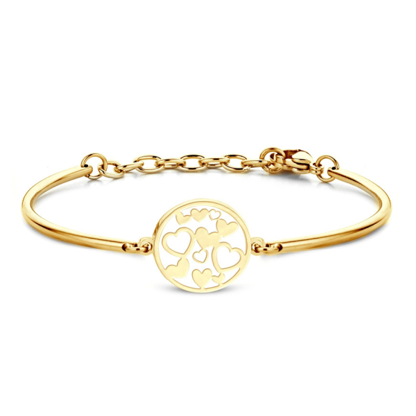 Lovebird Armband mit Kreis und Herzen Edelstahl - Goldfarbene IP-Beschichtung - Gravur