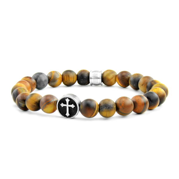 Frank 1967 Armband Edelstahl IPS - Tigerauge matt 8mm mit Kreuz-Zwischenteil