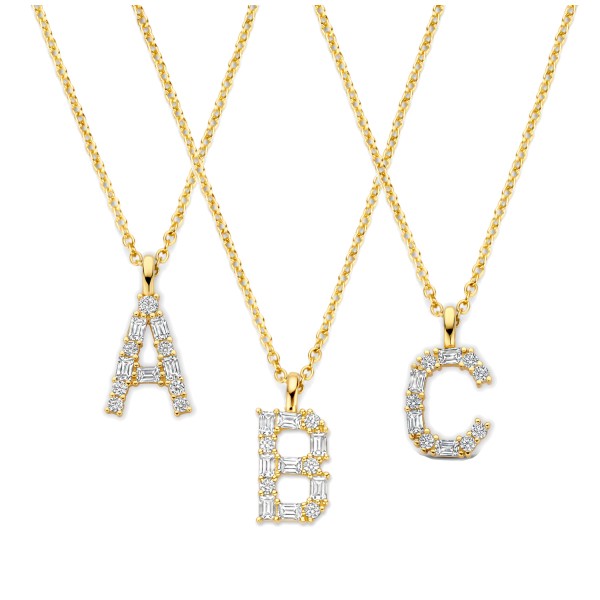 Buchstaben-Collier Zirkonia Silber 925 vergoldet - Ankerkette 40cm mit Verlängerung