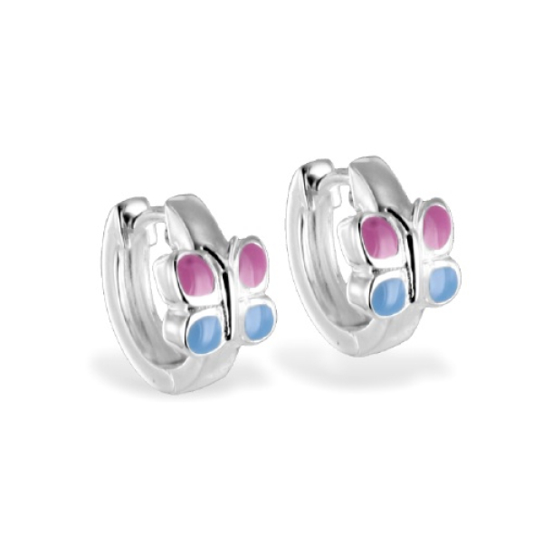 Klappcreolen mit Schmetterling Silber 925 - Lack Pink und Blau