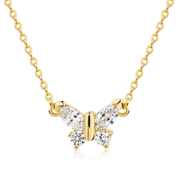 Collier Schmetterling Silber 925 vergoldet - 4 Zirkonia - 42/45cm