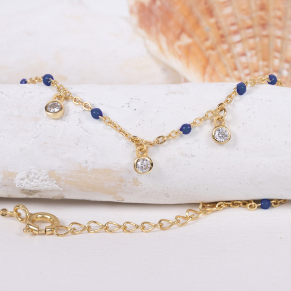 Armband Silber 925 vergoldet - 3 Zirkonia und Emaille-Perlen Blau - Bild 3