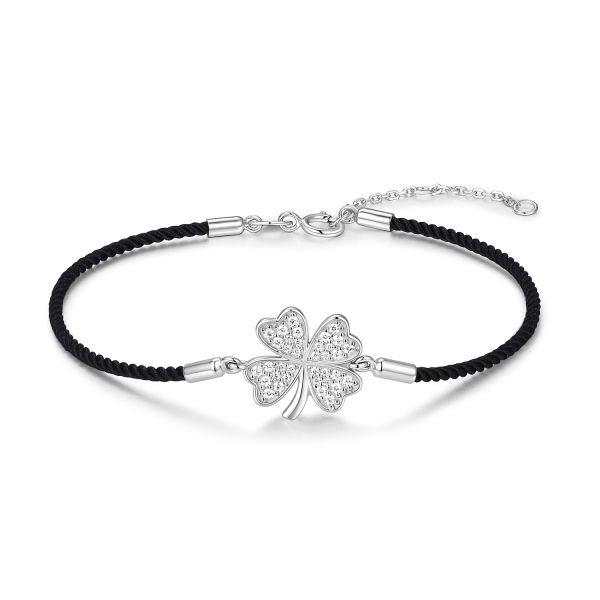Schwarzes Textilarmband Silber 925 mit Kleeblatt und 36 Zirkonia - rhodiniert oder vergoldet - 19cm - Bild 1